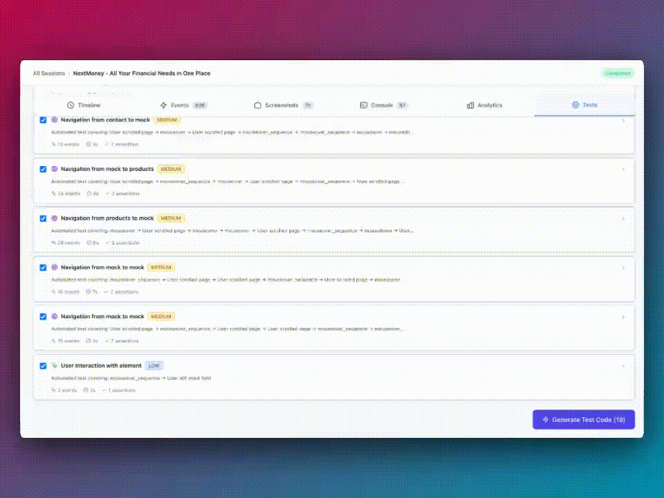 Test generation interface showing code output