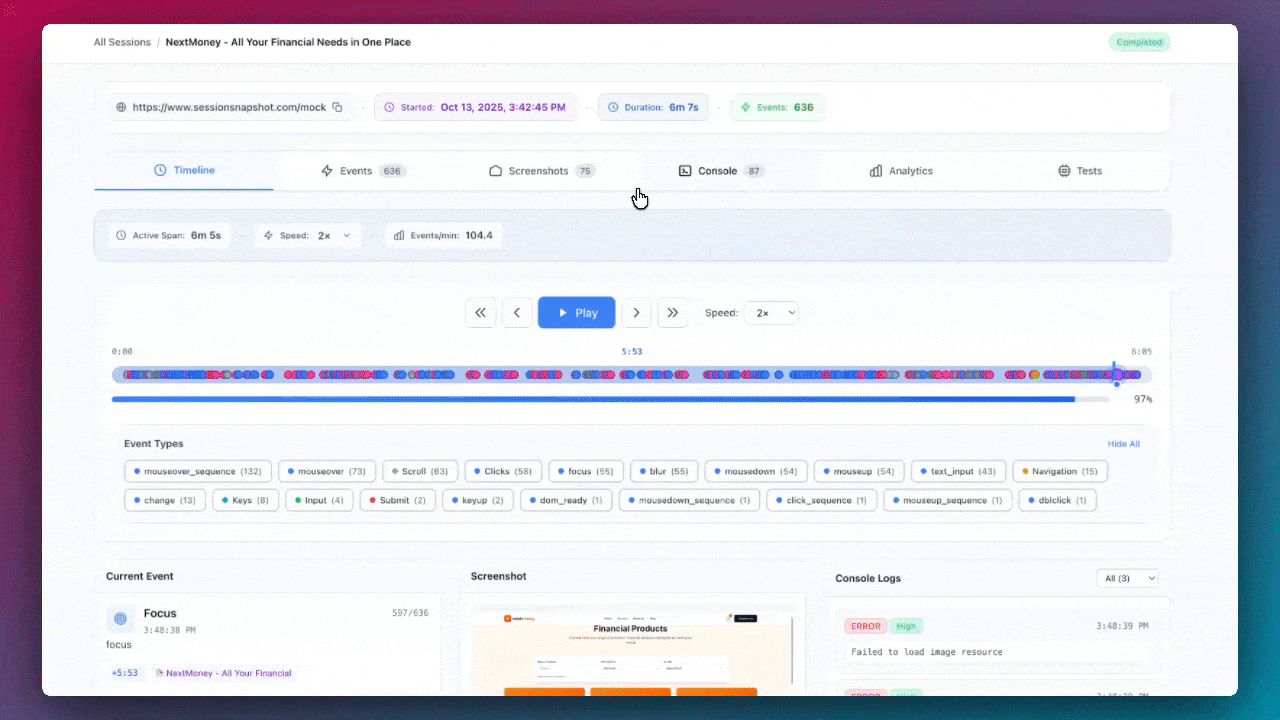 Session Snapshot Dashboard Preview