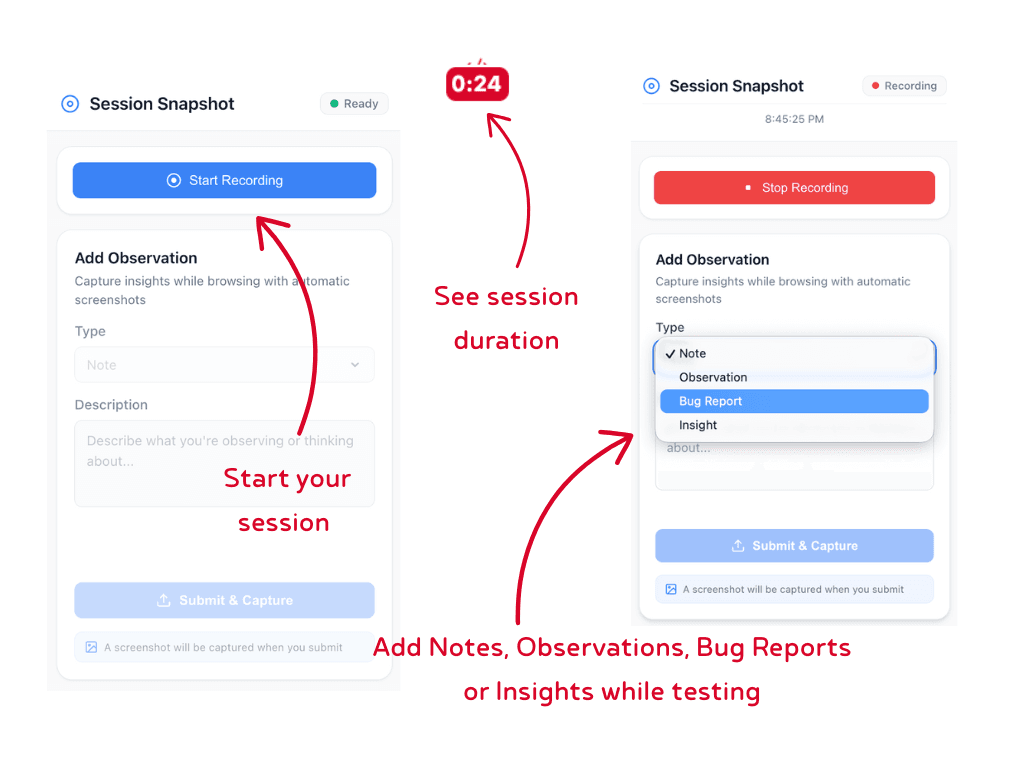 Session Recording interface showing timeline and events